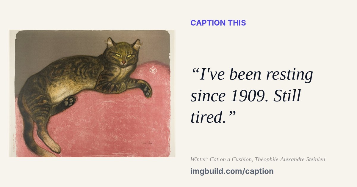Winter: Cat on a Cushion with the caption: I've been resting since 1909. Still tired.
